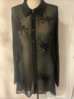 Rachel Zoe Black Sheer Beaded Floral Blouse